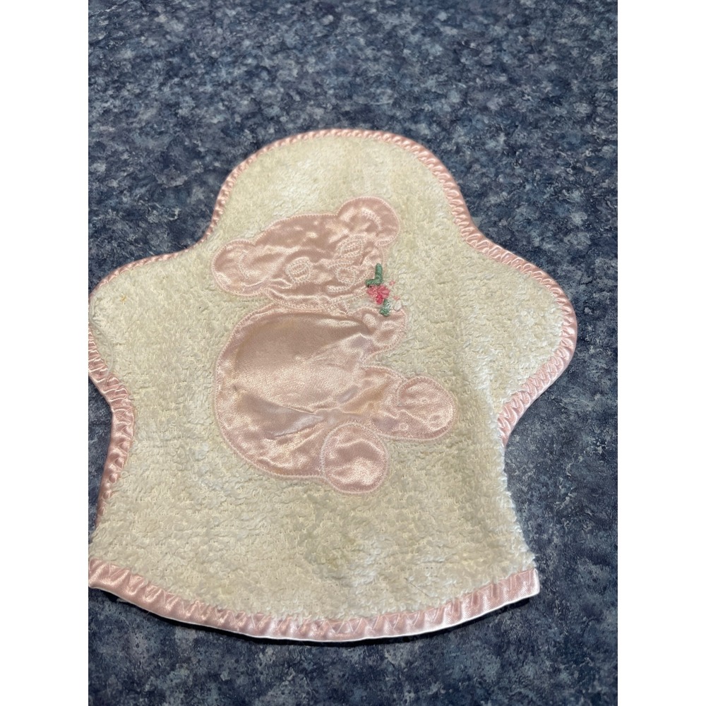 Vintage Saks Fifth Avenue Baby Wash Mitt Pink Satin Teddy Bear Terry Cotton